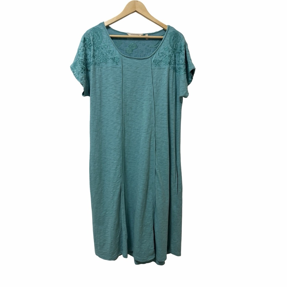 Soft Surroundings Gladstone Embroidered Knee Length Dress Size L Blue Boho FLAW